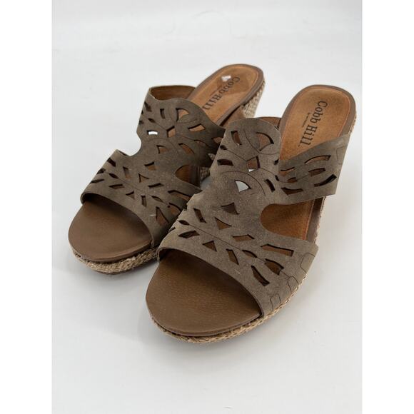 Cobb Hill Wedge Espadrille Sandals Sz 10M Brown Cutout Leather Slip On Slides - Picture 1 of 9